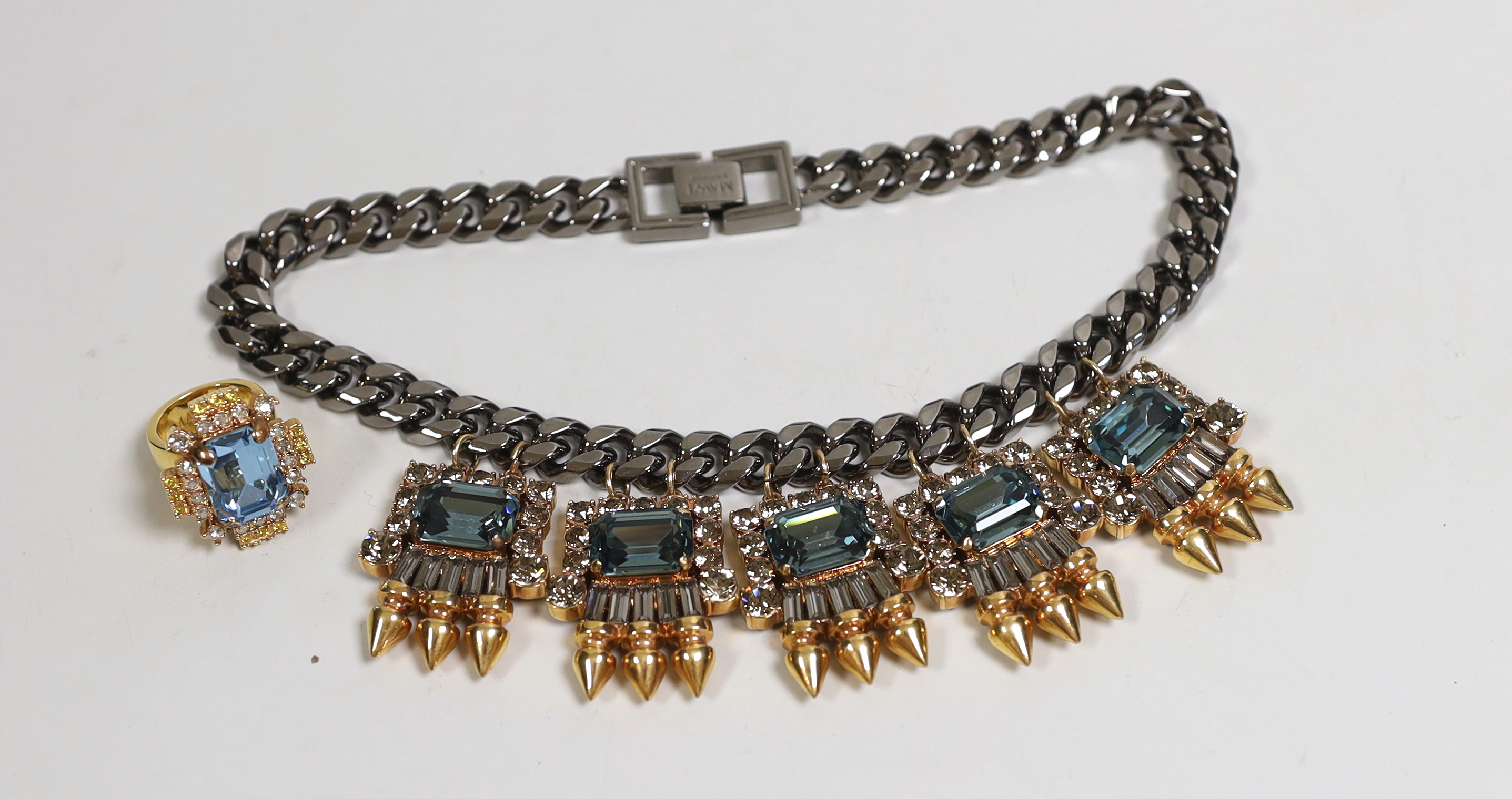 A Mawi of London curb link steel and two colour paste set costume necklace, 48cm, together with a similar gilt metal and three colour paste set dress ring, size N/O.